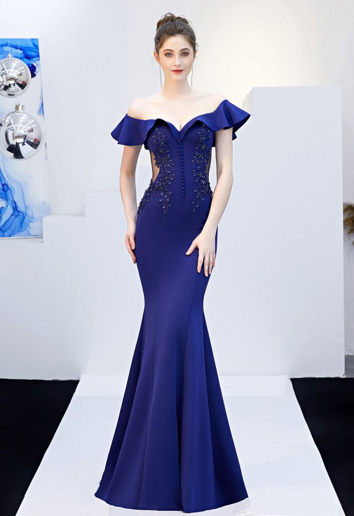 Ruffled Off-Shoulder Embroidery Mermaid Gown in Navy