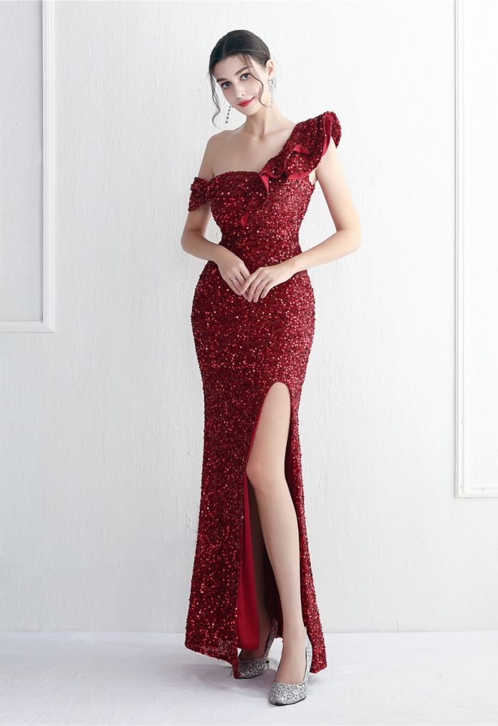 Tiered Ruffle One Shoulder Sequin Slit Gown in Burgundy