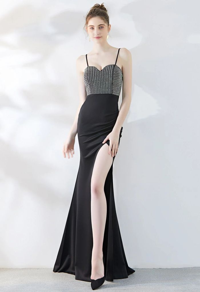 Crystal Embellished High Slit Satin Gown in Black