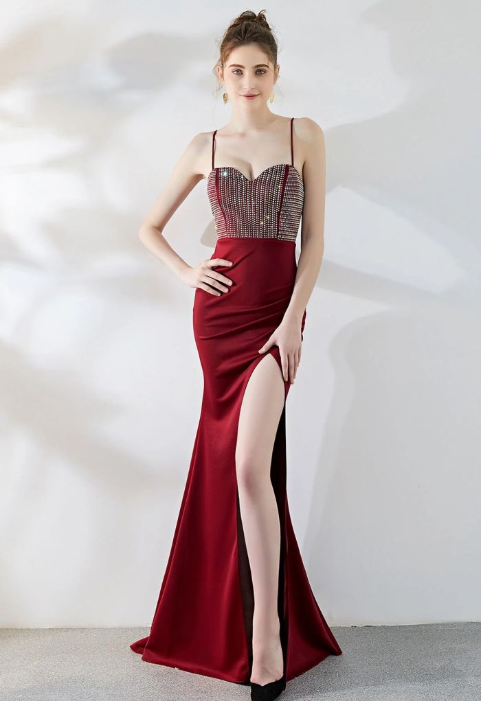 Crystal Embellished High Slit Satin Gown in Burgundy