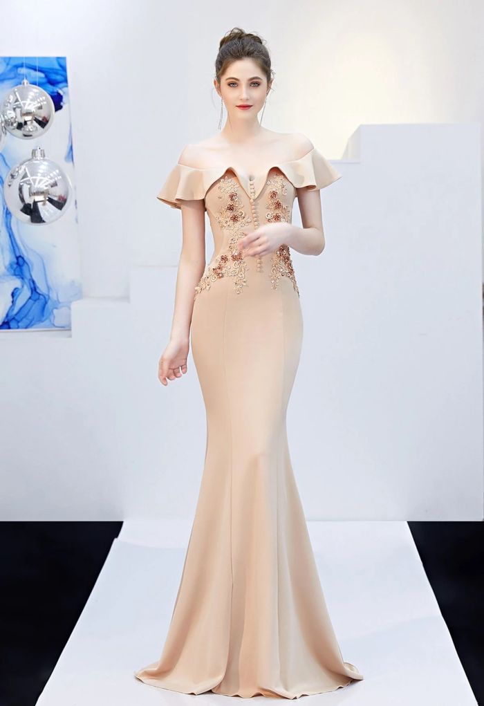 Ruffled Off-Shoulder Embroidery Mermaid Gown in Apricot