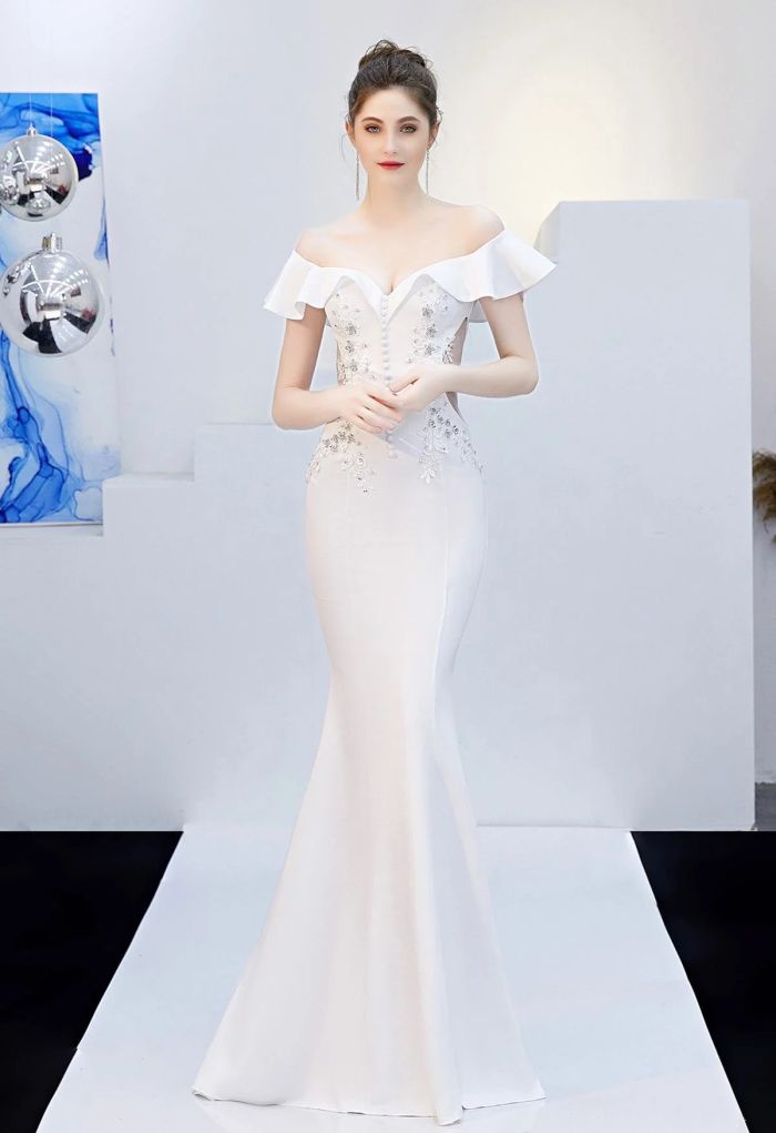 Ruffled Off-Shoulder Embroidery Mermaid Gown in White