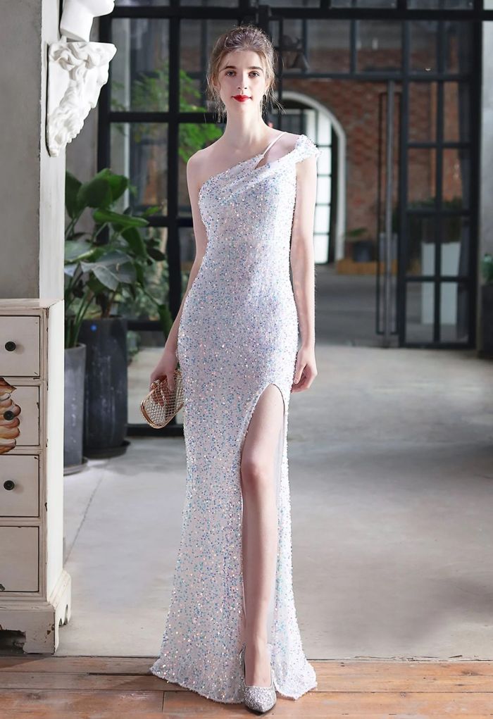 Evening Elegance Sequin One Shoulder Slit Gown in White