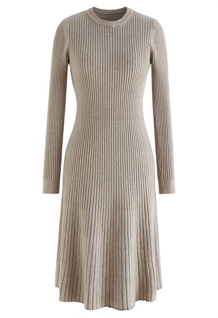 Ribbed Texture Frilling Midi Dress in Taupe