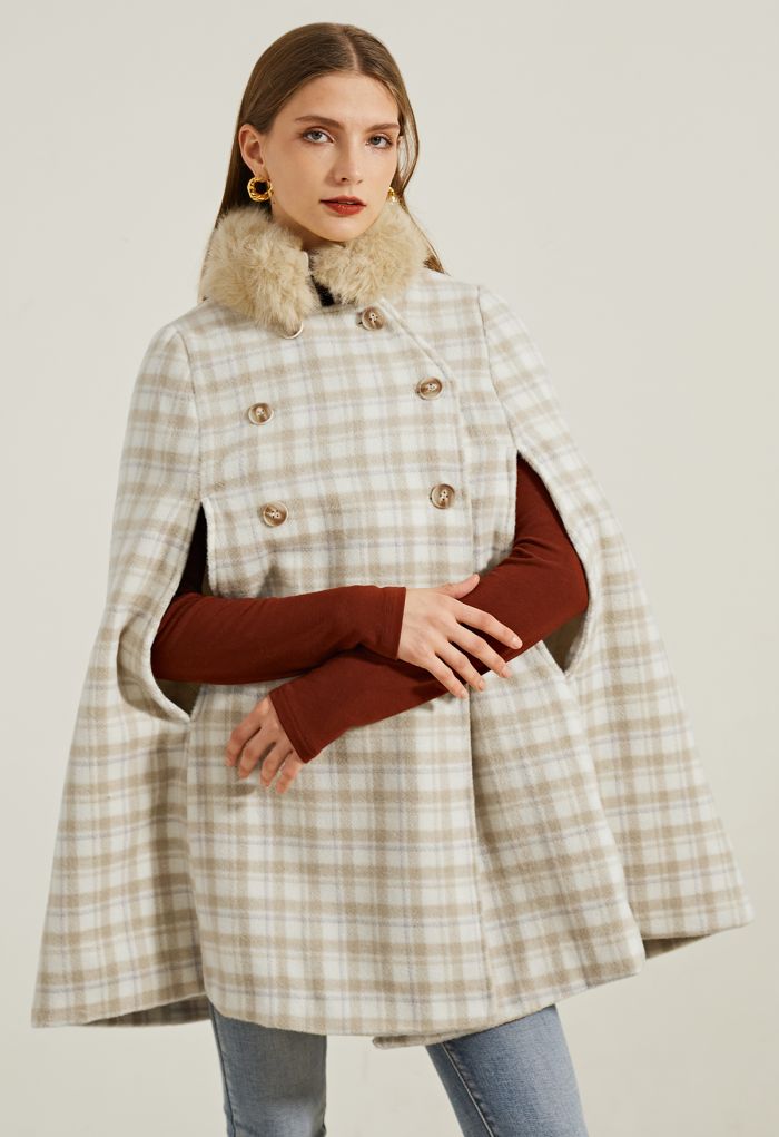 Plaid Faux Fur Collar Double-Breasted Cape Coat