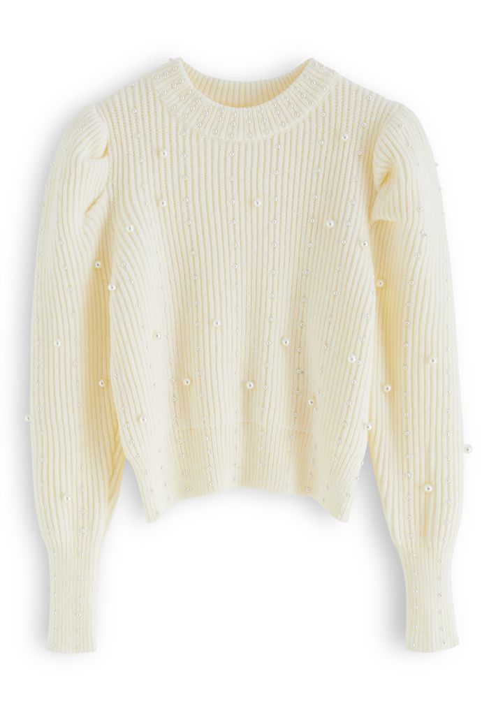 Pearl Embellished Puff Sleeve Knit Sweater in Cream