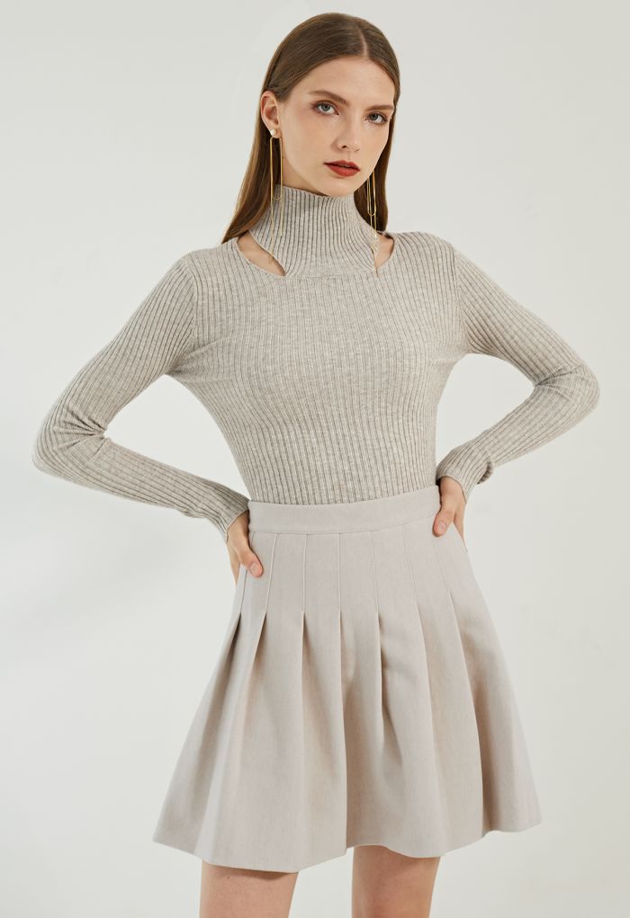 High Waist Wool-Blend Pleated Skater Skirt in Ivory