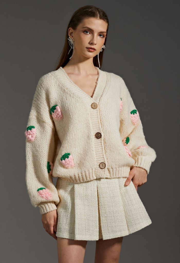 Stitch Strawberry Button Up Hand Knit Cardigan in Cream