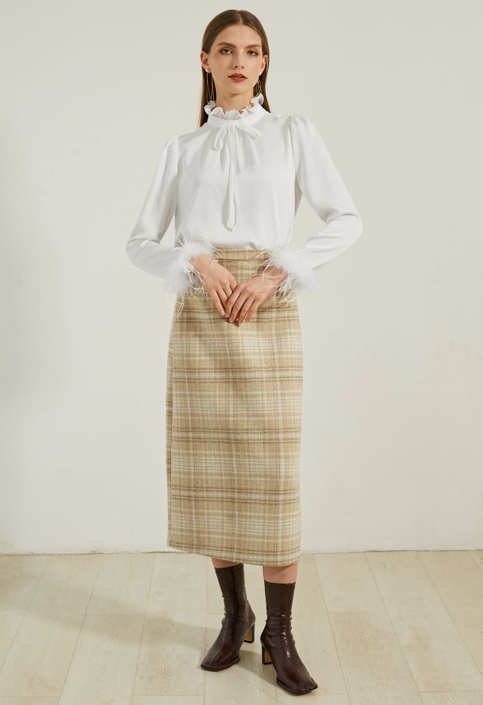 Snazzy Plaid Wool-Blend Pencil Midi Skirt