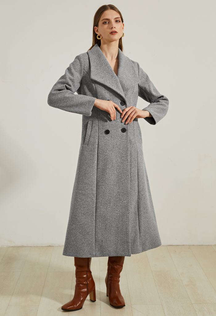 Wide Lapel Double-Breasted Flare Longline Coat in Grey