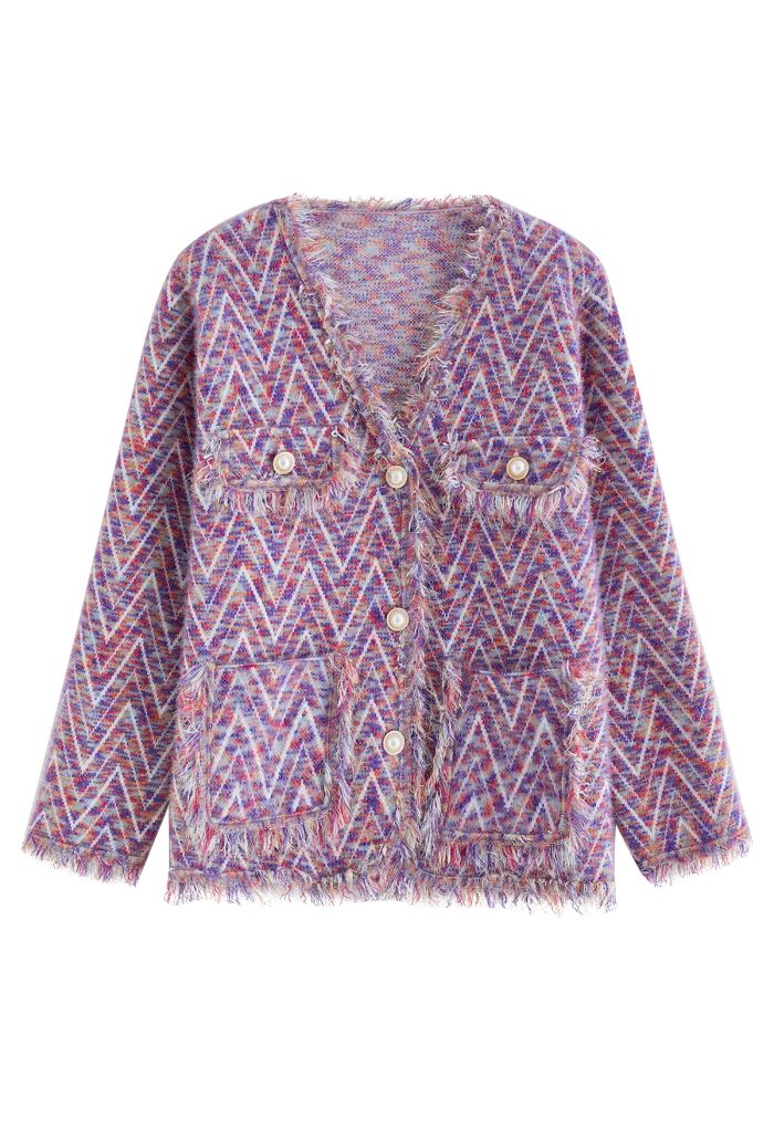 Metallic Tassel Melange Knit Cardigan in Purple