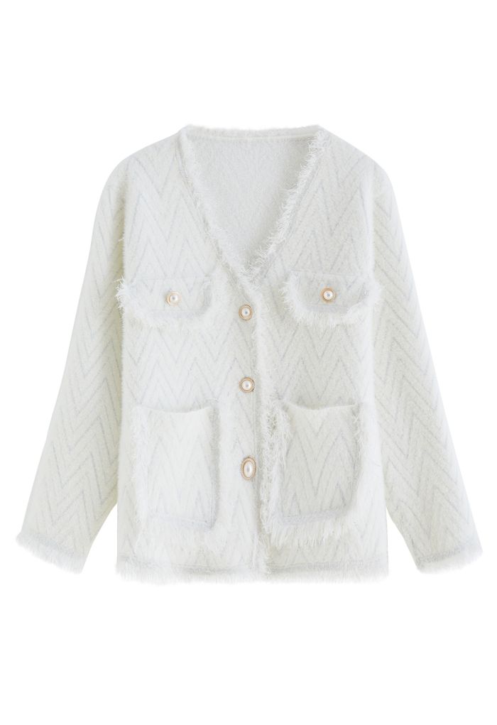 Metallic Tassel Melange Knit Cardigan in Ivory