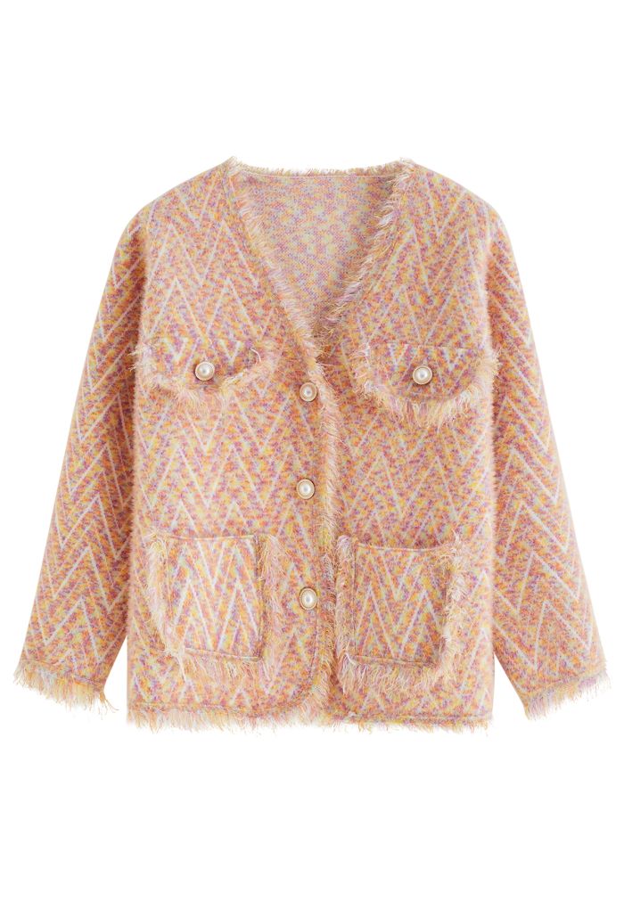 Metallic Tassel Melange Knit Cardigan in Apricot