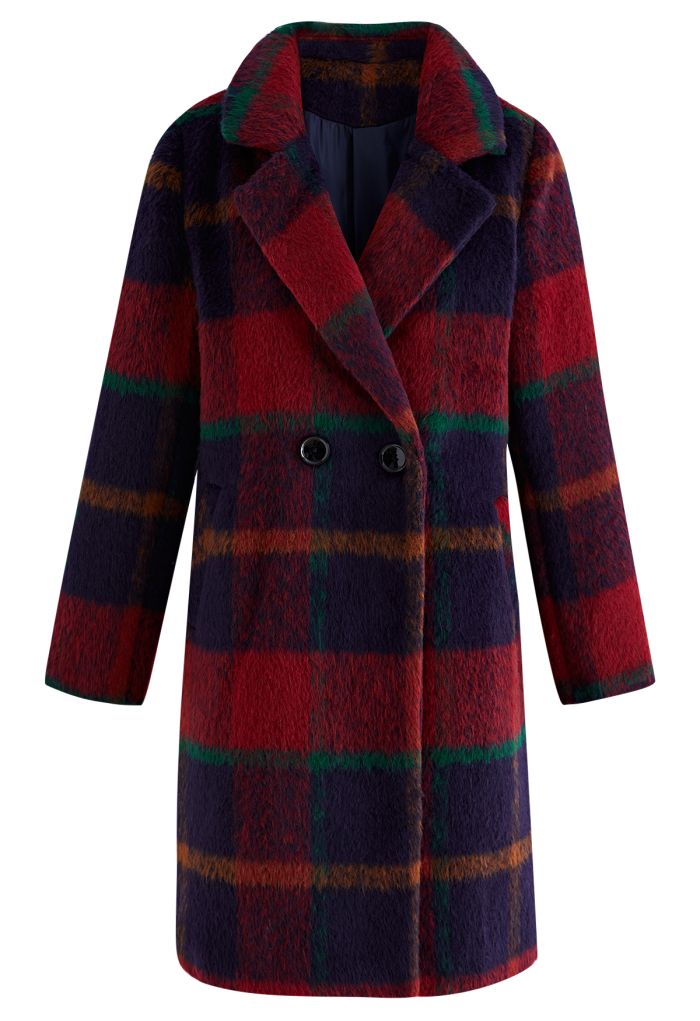 Festive Tartan Fuzzy Wool-Blend Blazer Coat