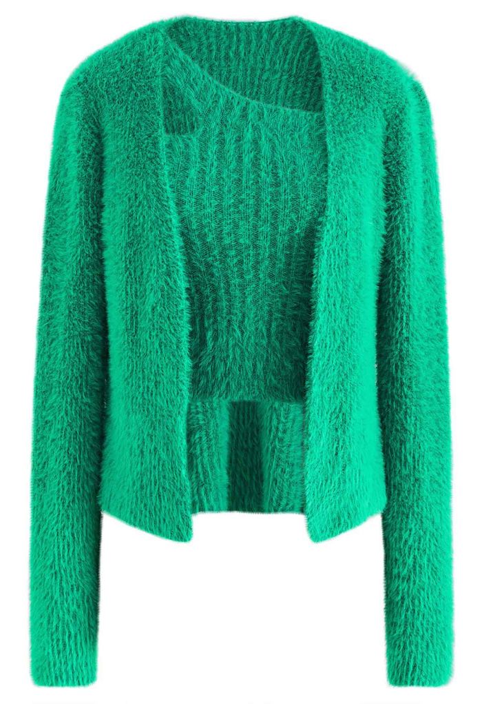 One-Shoulder Fuzzy Knit Top and Cardigan Set in Green