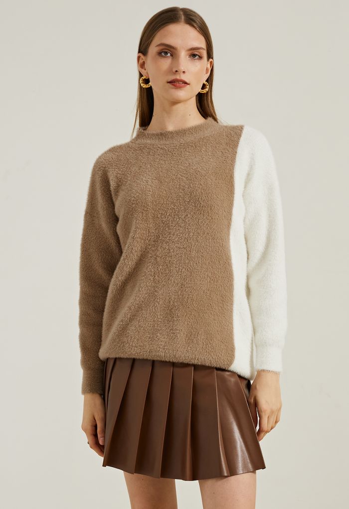 Faux Leather Pleated Flare Mini Skirt in Brown