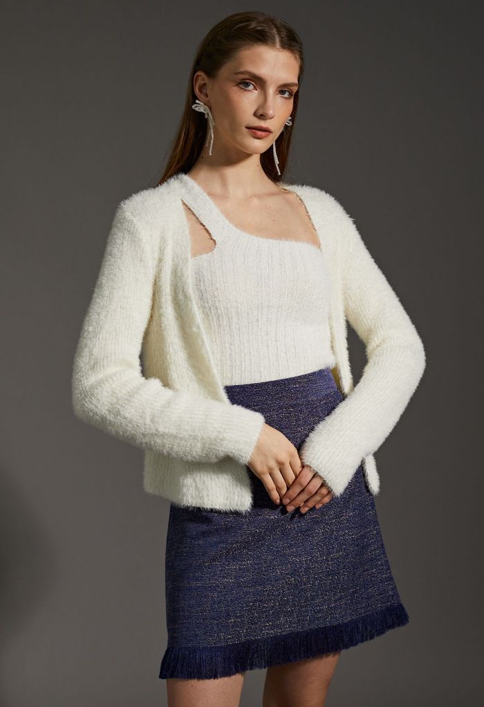 One-Shoulder Fuzzy Knit Top and Cardigan Set in Ivory
