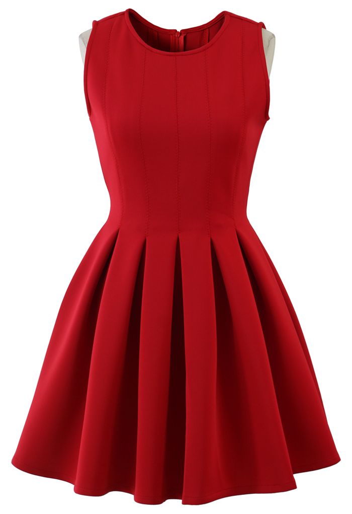 Front view of a vibrant red sleeveless skater dress with a fitted bodice and flared skirt, exuding a classic and elegant vibe.