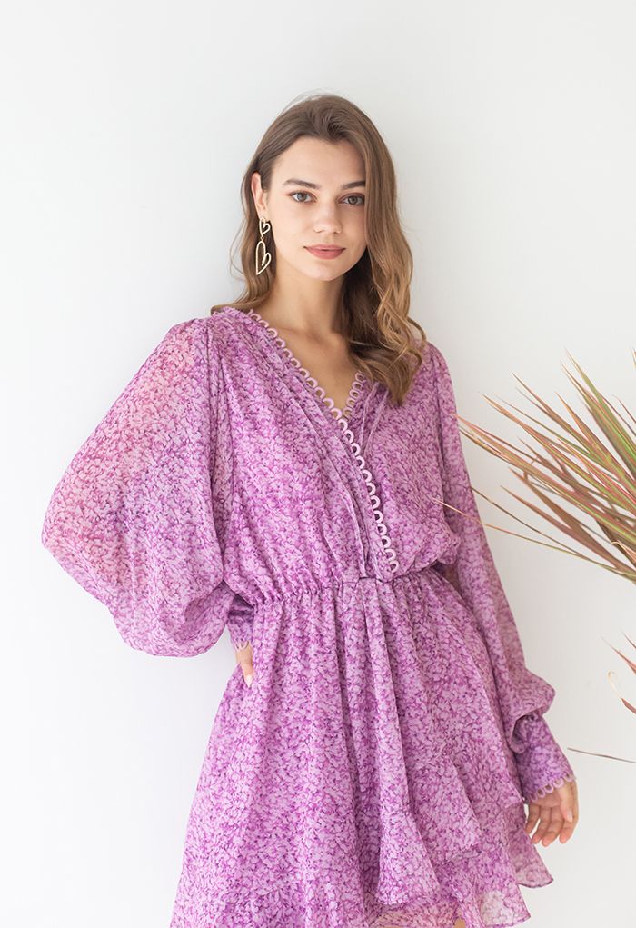 Rich Bud Print Asymmetric Chiffon Mini Dress