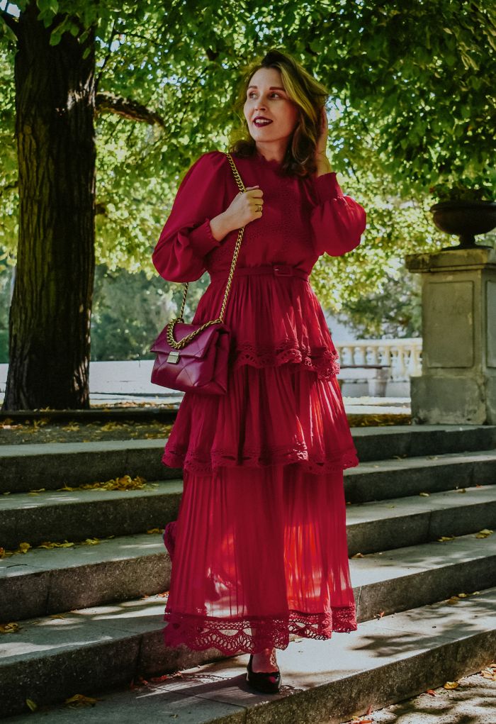 Crochet Lace Pleated Tiered Chiffon Maxi Dress in Red