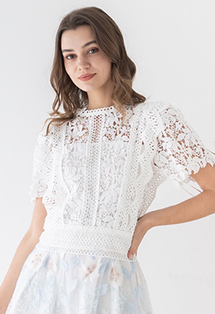 Lush Leaves Crochet Top in White