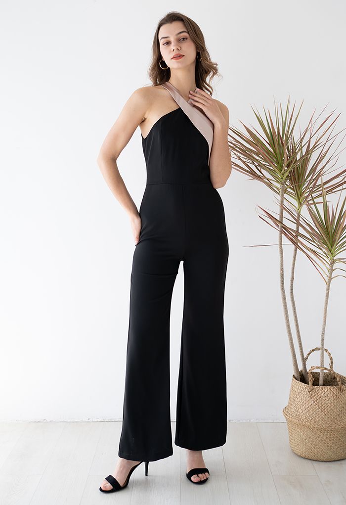 Contrast Halter Neck Wide-Leg Jumpsuit