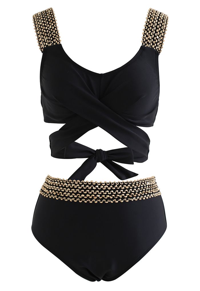 Contrast Wave Tie-Knot Bikini Set