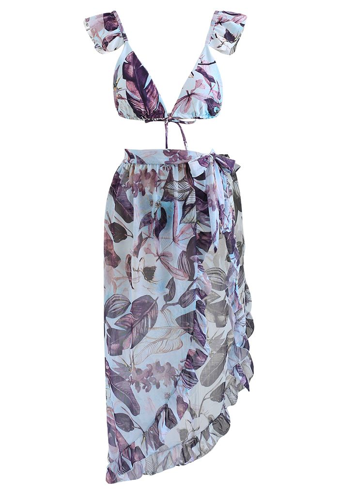 Rainforest Vibe Flutter Strap Bikini Cover-Up Set in Purple