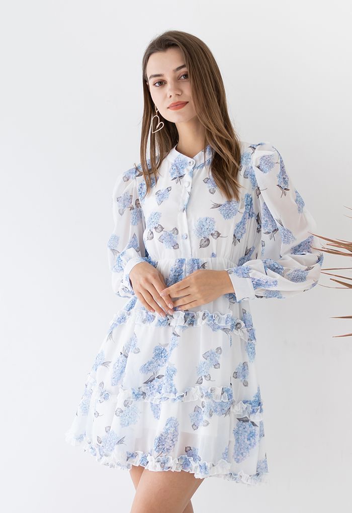 Hydrangea Print Cutout Waist Ruffle Mini Dress