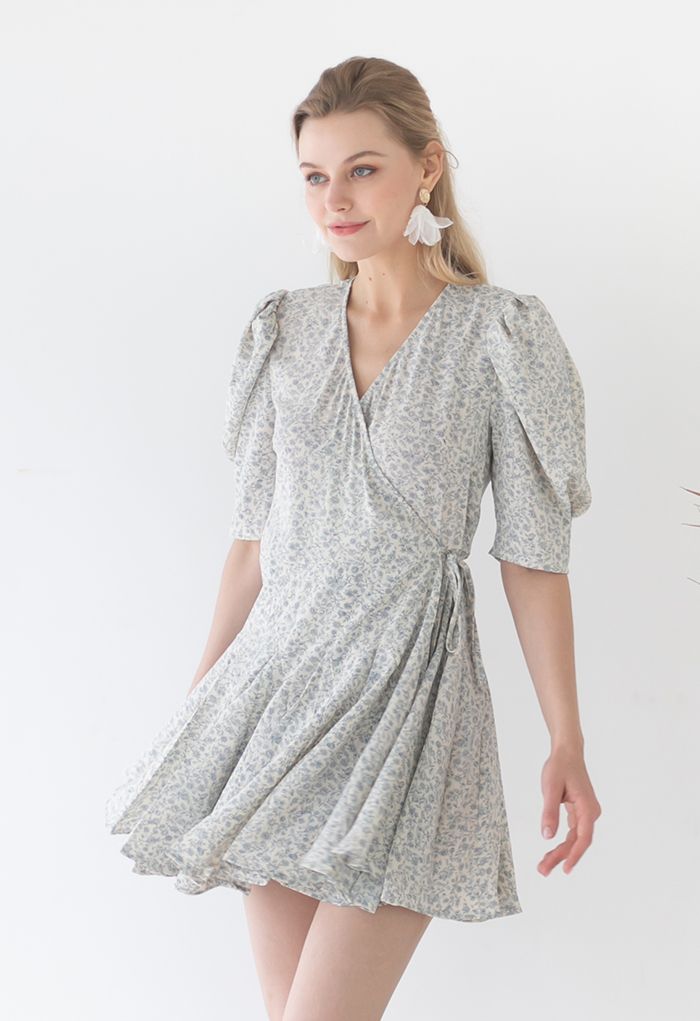 Retro Floral Panelled Edge Wrapped Frilling Dress in Light Blue