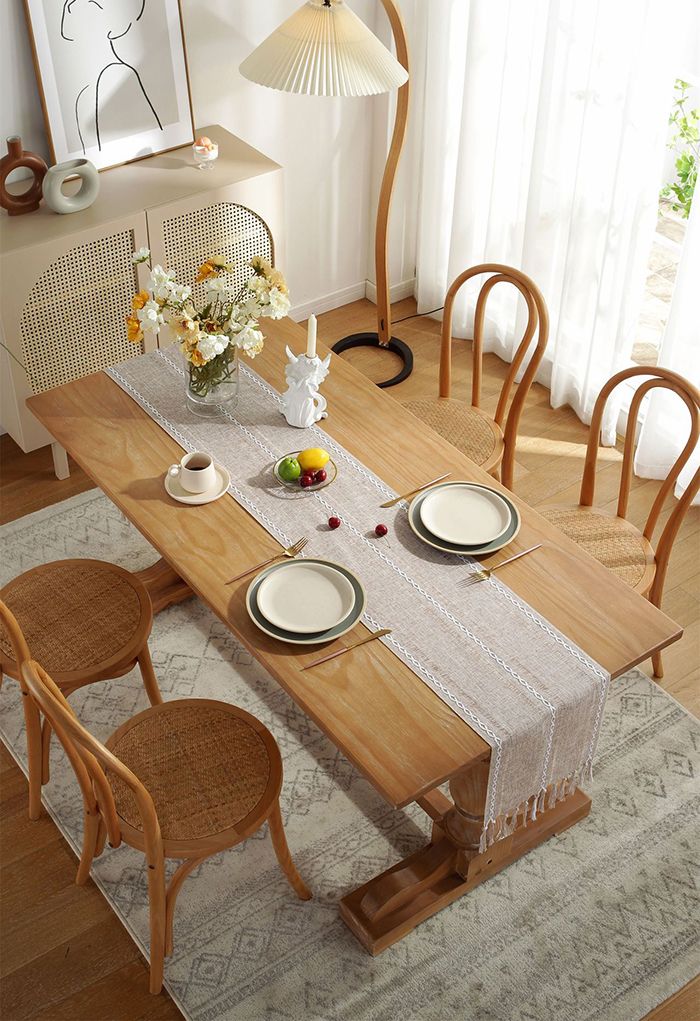 Cutwork Linen Fabric Tassel Edge Table Runner in Khaki