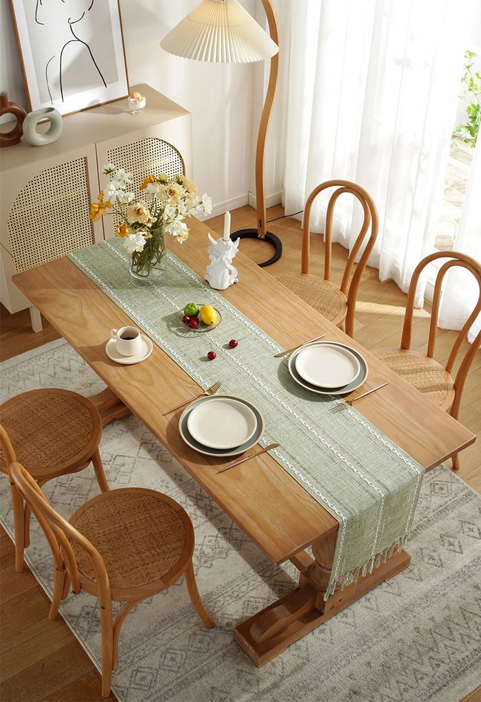 Cutwork Linen Fabric Tassel Edge Table Runner in Green