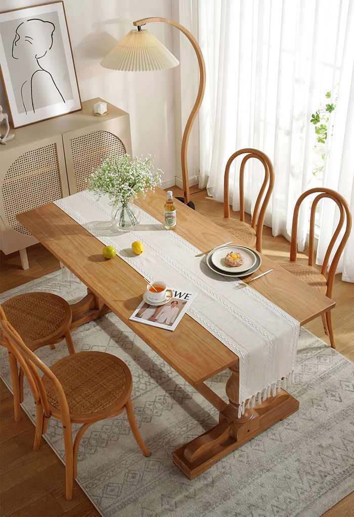 Cutwork Linen Fabric Tassel Edge Table Runner in Cream
