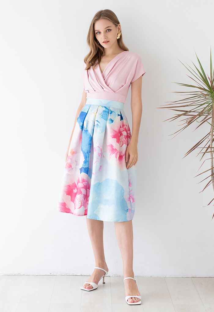 Bloom in Watercolor Printed Midi Skirt 