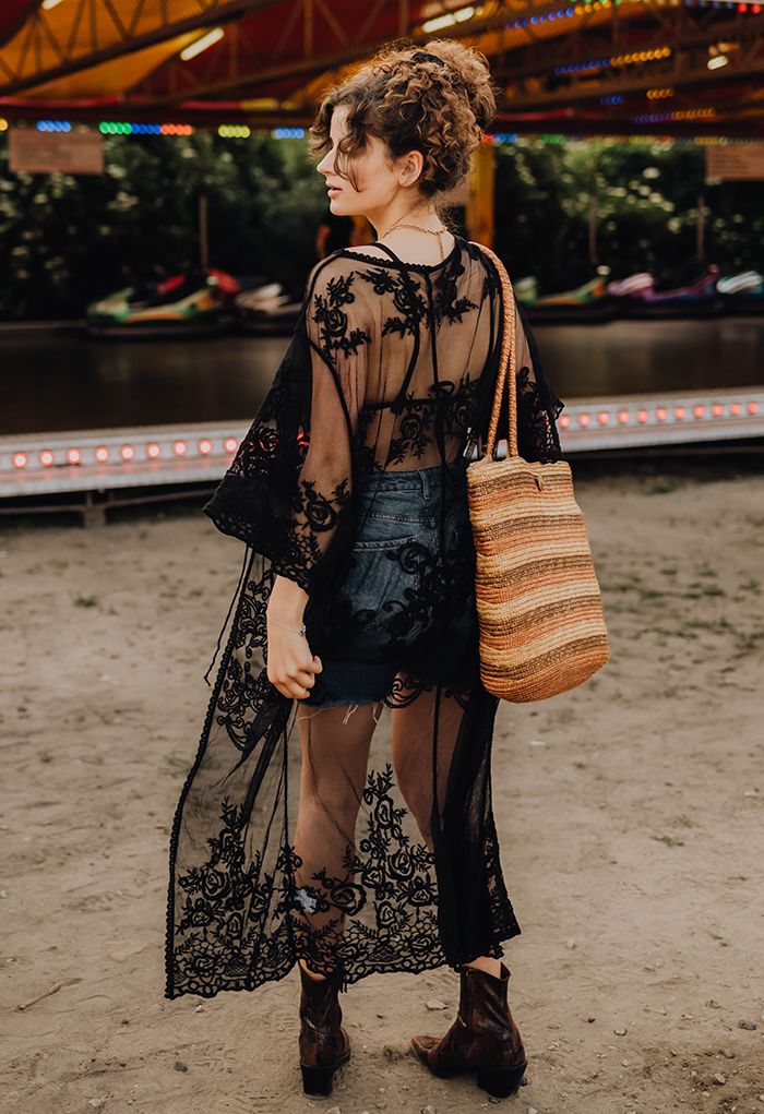 Floral Embroidery Self-Tie Front Kimono in Black