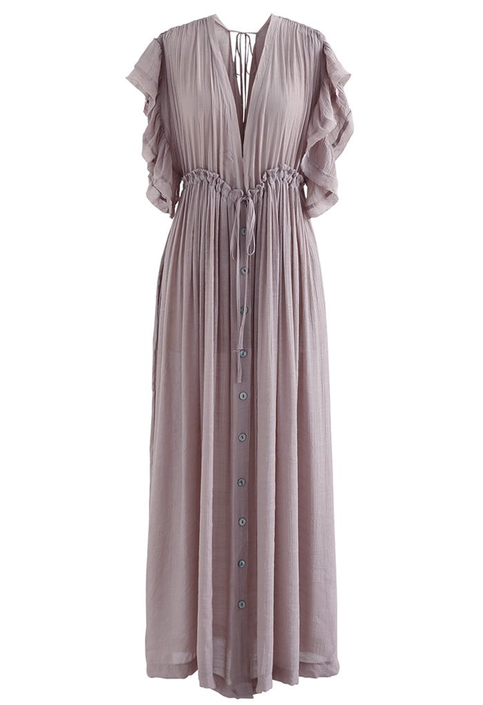Ruffle Sleeves Deep V-Neck Cover Up in Taupe