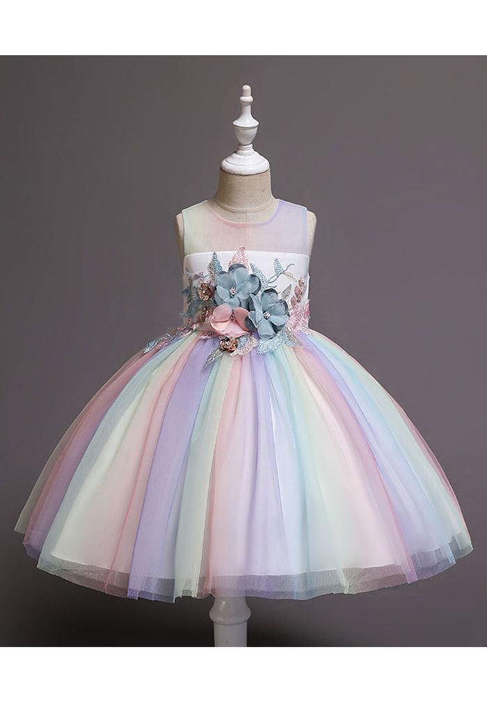 3D Flower Pastel Mesh Princess Dress in White For Kids