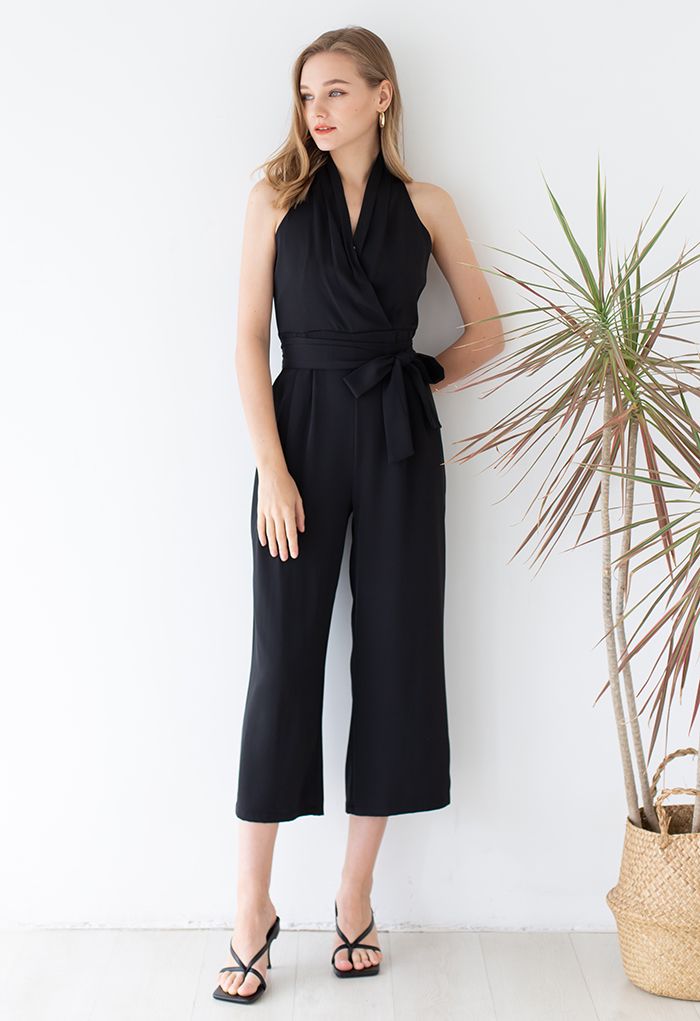 Halter Neck Faux-Wrap Black Jumpsuit