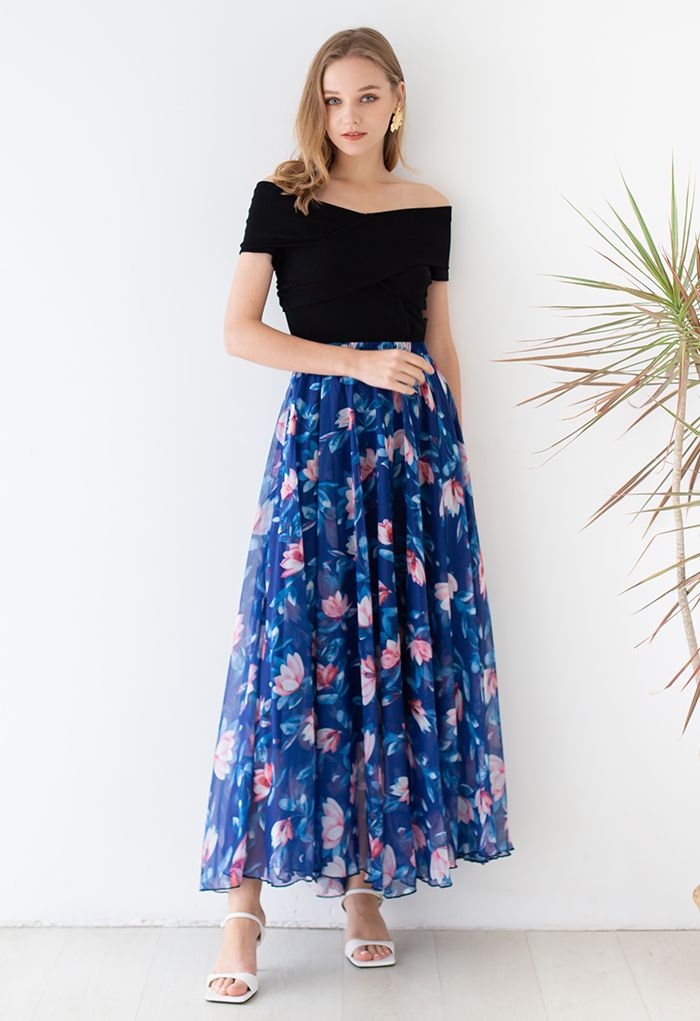 Blush Lotus Chiffon Maxi Skirt in Indigo