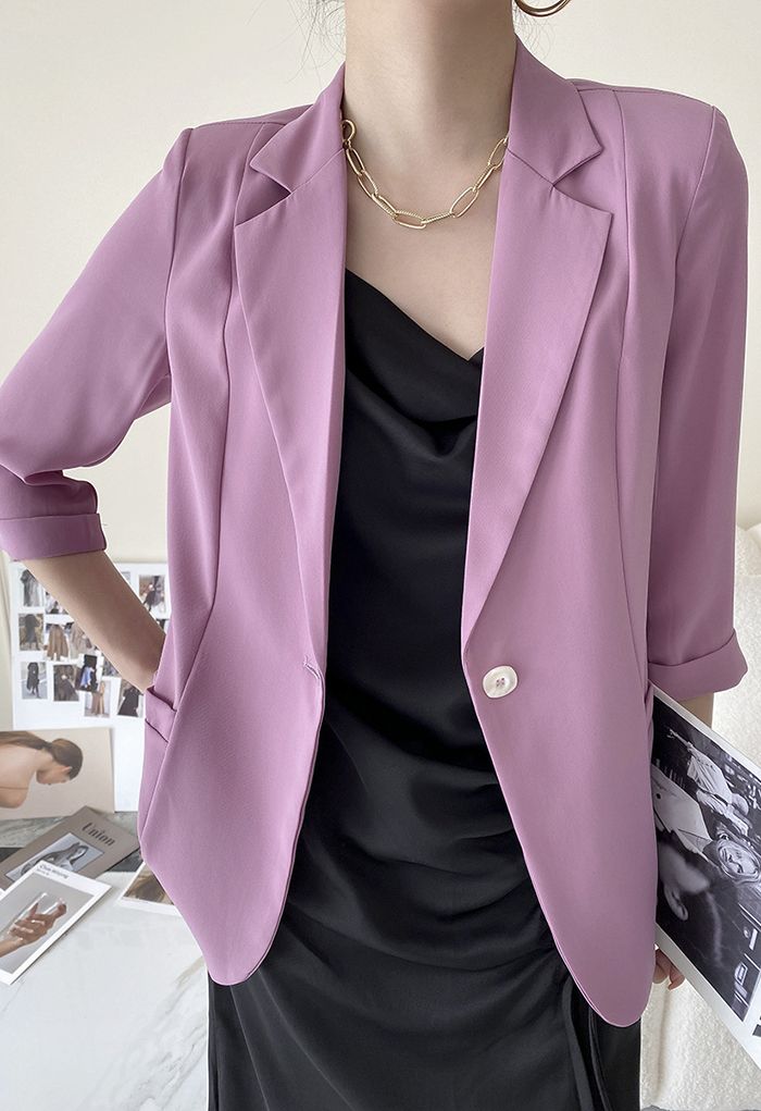 One Button Three-Quarter Sleeve Blazer in Violet