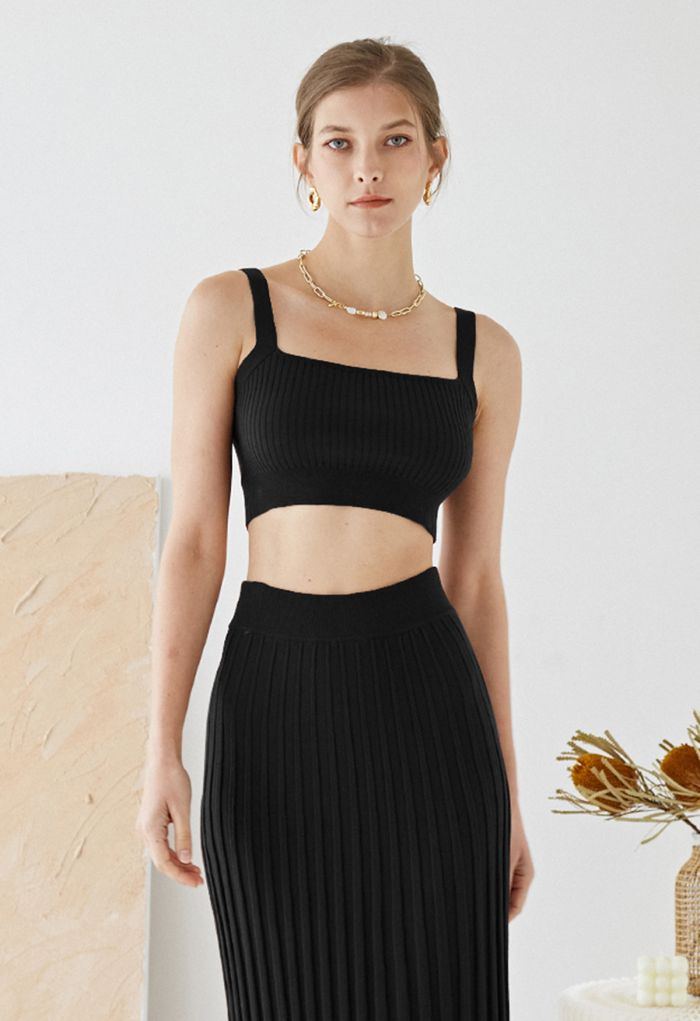 Ultra-Soft Ribbed Cami Knit Cropped Top in Black