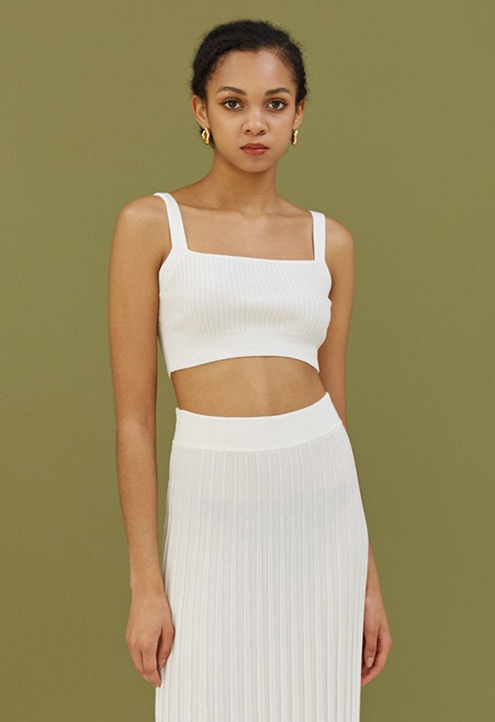 Ultra-Soft Ribbed Cami Knit Cropped Top in White