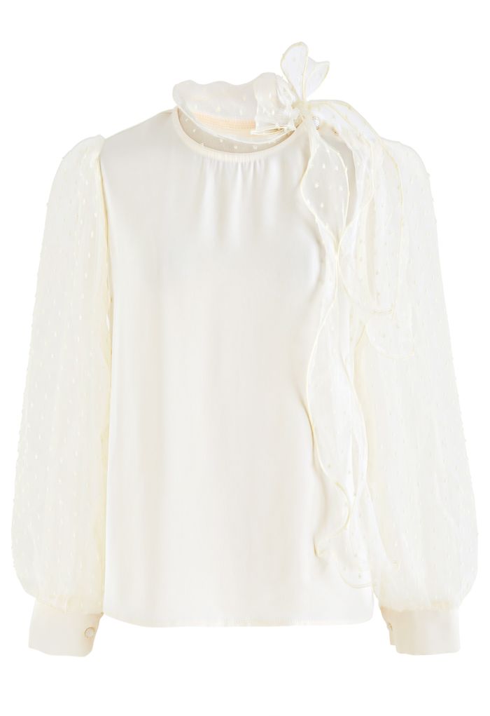 Flock Dots Organza Bubble Sleeve Bowknot Satin Shirt in Cream