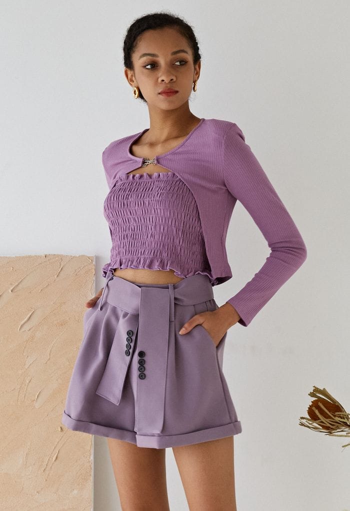 Ruffle Shirred Tube Top and Cardigan Set in Lilac