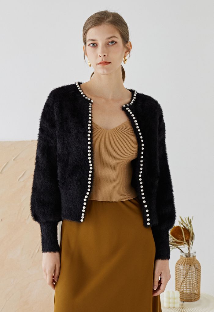 Open Front Pearly Fuzzy Knit Cardigan in Black