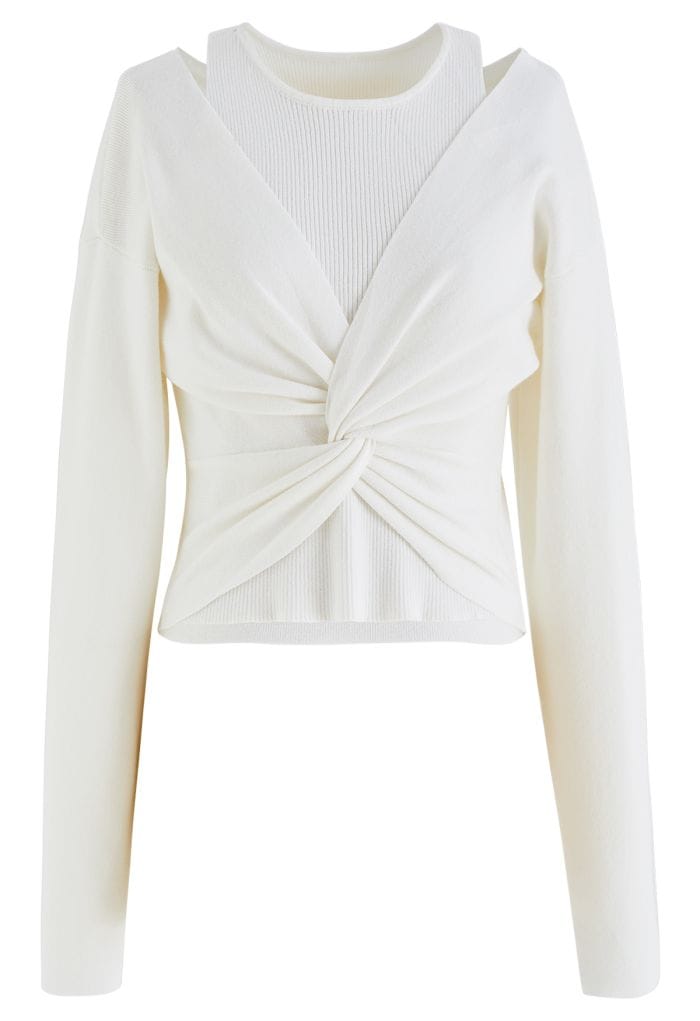 Twist Front Faux Two-Piece Knit Top in White