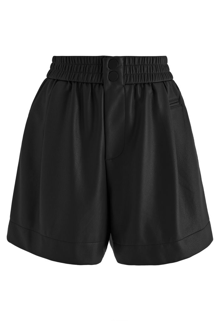 Textured Buttoned Faux Leather Shorts in Black