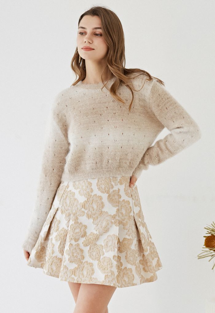 Peony Embossed Jacquard Flare Mini Skirt in Gold