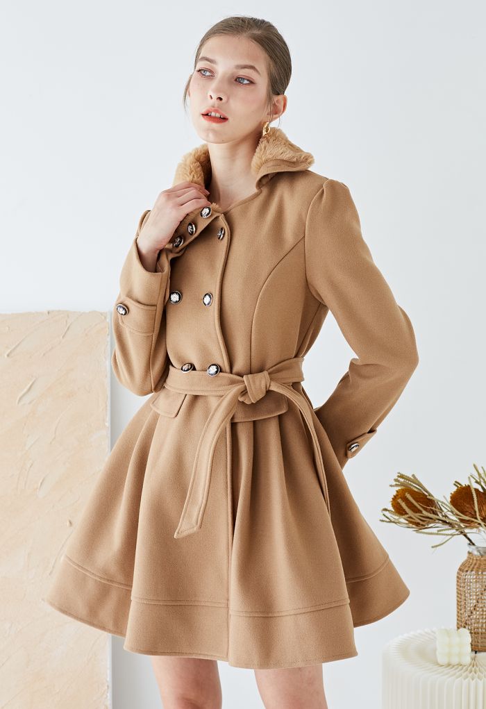 Faux Fur Collar Double-Breasted Skater Coat in Tan