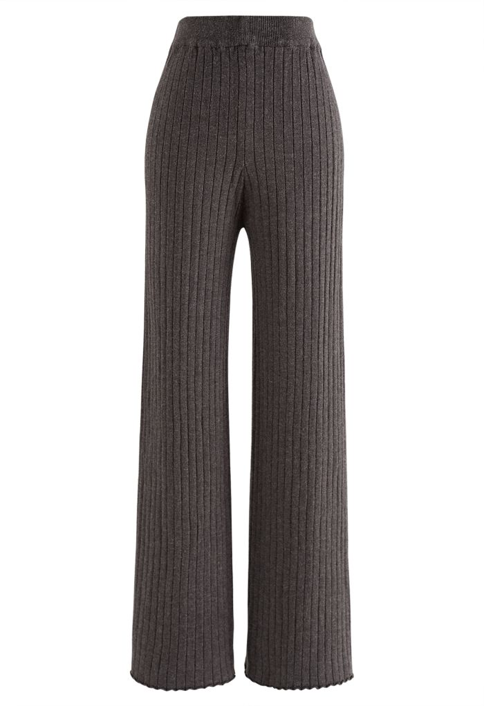Ribbed Straight Leg Knit Pants in Smoke
